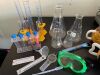 (1) BOX OF ASSORTED BEAKERS AND SCIENCE EQUIPMENT,