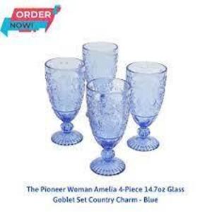 DESCRIPTION: (4) GLASS GOBLETS BRAND/MODEL: PIONEER WOMAN #128010.04R INFORMATION: BLUE RETAIL$: $26.48 SIZE: 14.7 OZ QTY: 4