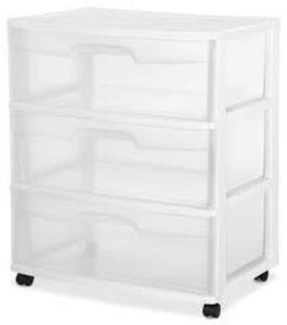 DESCRIPTION: (1) 3 DRAWER WIDE CART WITH CASTERS BRAND/MODEL: STERILITE INFORMATION: WHITE RETAIL$: $46.55 SIZE: 15X21X25 QTY: 1