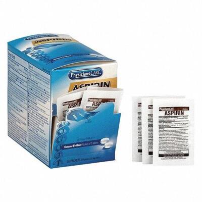 DESCRIPTION: (2) BOXES OF (50) PACKS OF (2) ASPIRIN TABLETS BRAND/MODEL: GRAINGER #480G03 RETAIL$: $6.21 EA SIZE: 325 MG QTY: 2