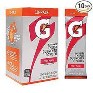 DESCRIPTION: (2) BOXES OF (10) STICKS OF SPORTS DRINK CONCENTRATE BRAND/MODEL: GATORADE INFORMATION: FRUIT PUNCH RETAIL$: $15.00 EA SIZE: 1.23 OZ PER