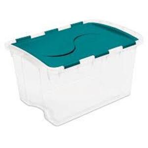 DESCRIPTION: (1) SINGLE UNIT SACHET HINGED LID STORAGE BOX BRAND/MODEL: STERILITE INFORMATION: TEAL RETAIL$: $75.00 SIZE: 48 QT QTY: 1