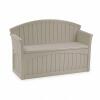 DESCRIPTION: (1) IMPACT RESISTANT POLY PATIO BENCH BRAND/MODEL: SUNCAST #4AYV1 INFORMATION: TAUPE RETAIL$: $134.63 SIZE: 50 GALLON QTY: 1