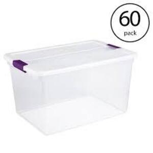 DESCRIPTION: (6) STORAGE BOX WITH LATCHED LID BRAND/MODEL: STERILITE #2028 INFORMATION: CLEAR RETAIL$: $50.00 TOTAL SIZE: 66 QT QTY: 6