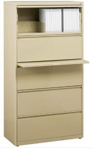 DESCRIPTION: (1) LATERAL FILE CABINET BRAND/MODEL: HIRSH/14979 INFORMATION: BEIGE/5-DRAWERS/MINOR COSMETIC DAMAGES, MUST COME INTO INSPECT RETAIL$: 1,