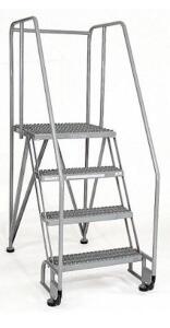 DESCRIPTION: (1) TILT AND ROLL LADDER BRAND/MODEL: COTTERMAN/4STR26A3E20B8C1P6 INFORMATION: GRAY/4-STEPS/MISSING BUMPERS RETAIL$: 677.23 SIZE: 70"H X