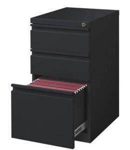 DESCRIPTION: (1) MOBILE PEDESTAL CABINET BRAND/MODEL: HIRSH/18575 INFORMATION: BLACK/3-DRAWER/KEYS INCLUDED RETAIL$: 219.99 SIZE: 15"W X 20"D X 22-1/2