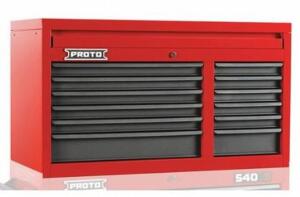 DESCRIPTION: (1) TOP TOOL CHEST BRAND/MODEL: PROTO/JST422CD12 INFORMATION: 12-DRAWER/RED & BLACK/CAPACITY: 1500 LBS RETAIL$: 1,694.44 SIZE: 41-1/2"W X