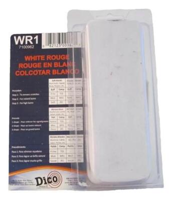 DESCRIPTION: (1) ROUGE BUFFING COMPOUND BRAND/MODEL: DICO/7100962 INFORMATION: WHITE/USE WITH BUFFING WHEELS RETAIL$: 11.18 SIZE: 7" X 2-3/4" X 1-1/2"