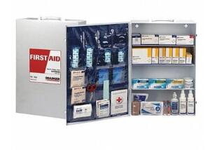 DESCRIPTION: (1) FIRST AID CABINET BRAND/MODEL: GRAINGER/59361 INFORMATION: WHITE/150-PEOPLE SERVED PER KIT/563-COMPONENTS RETAIL$: 201.88 SIZE: 6"H X