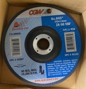 DESCRIPTION: (12) GRINDING WHEELS BRAND/MODEL: CGW/45007 INFORMATION: MAX RPM: 10,200 RETAIL$: 22.8 PER LOT SIZE: 6" X .045" X 7/8" QTY: 12