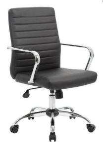 DESCRIPTION: (1) RETRO TASK CHAIR BRAND/MODEL: BOSS/B9533C-BK INFORMATION: BLACK/WITH CHROME ARMS RETAIL$: 147.5 SIZE: 26"W X 22"D X 36.5-39.5"H QTY: