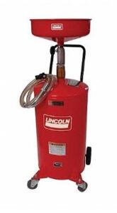 DESCRIPTION: (1) OIL RECEIVER BRAND/MODEL: LINCOLN/3601 INFORMATION: RED/CAPACITY: 18 GAL/AIR INPUT RANGE: 0 TO 150 PSI RETAIL$: 449.28 SIZE: 14"DIA X