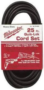 DESCRIPTION: (1) POWER DRILL QUIK LOK CORD SET BRAND/MODEL: MILWAUKEE TOOL #09967530 RETAIL$: $80.00 SIZE: 25' QTY: 1