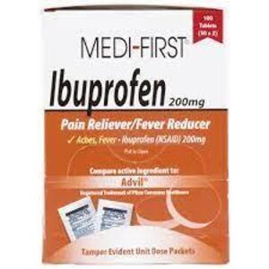 DESCRIPTION: (2) BOXES OF (100) PACKS OF (2) REGULAR STRENGTH IBUPROFEN BRAND/MODEL: MEDI-FIRST #3NNW6 RETAIL$: $12.32 EA SIZE: 200 MG QTY: 2