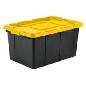 DESCRIPTION: (6) STACKER TOTE BRAND/MODEL: STERILITE PLASTICS INFORMATION: YELLOW AND BLACK RETAIL$: $14.98 EA SIZE: 27 GALLON QTY: 6