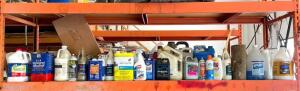 CONTENTS OF SHELF (ASSORTED CLEANING SOLUTIONS, OIL & OTHER VARIOUS SUPPLIES)