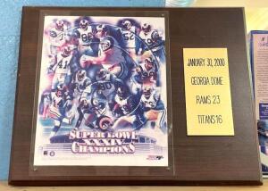 "ST. LOUIS RAMS SUPER BOWL XXXIV CHAMPIONS" PRINT ON WOODEN PLAQUE