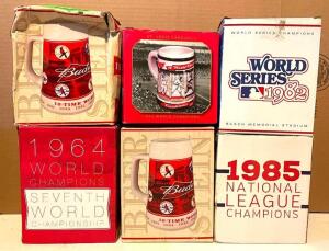 (6) ST. LOUIS CARDINALS VINTAGE BEER STEINS AND COFFEE MUGS AS SHOWN