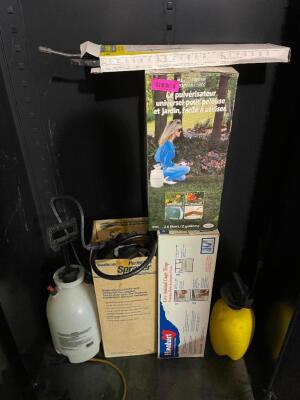 CONTENTS OF CABINET - (3) ASSORTED LAWN SPRAYERS.