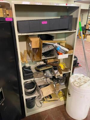 CONTENTS OF BEIGE CABINET - ASSORTED HARDWARE, PAINTS, AND CLEANERS.