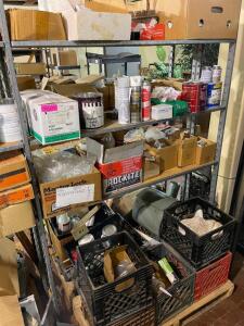 CONTENTS OF SHELF - ASSORTED HARDWARE, PAINTS, AND CLEANERS.