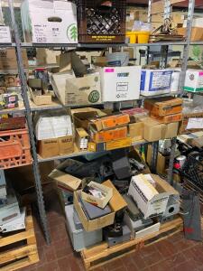 CONTENTS OF SHELF - ASSORTED HARDWARE, ELECTRICAL BOXES, AND MISC.