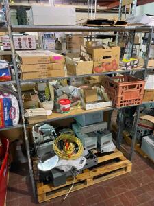 CONTENTS OF SHELF - ASSORTED HARDWARE, ELECTRICAL BOXES, AND MISC.