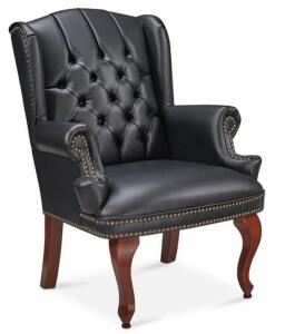 DESCRIPTION: (1) WING BACK GUEST CHAIR BRAND/MODEL: MCKINLEY/55656 INFORMATION: BLACK/FAUX LEATHER/SUPPORTS UP TO 275 LBS/MINOR DAMAGES, MUST COME INT