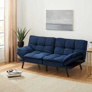 DESCRIPTION: (1) MEMORY FOAM FUTON BRAND/MODEL: MAINSTAYS/BC-267 BLUE INFORMATION: FAUX SUEDE FABRIC/BLUE RETAIL$: 169.00 SIZE: SEAT DIM: 72"W X 34"D