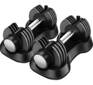 DESCRIPTION: (2) ADJUSTABLE DUMBBELLS BRAND/MODEL: SKONYON INFORMATION: BLACK & SILVER/5-DIFFERENT WEIGHTS RETAIL$: 44.99 EACH SIZE: 12.5 LBS QTY: 2