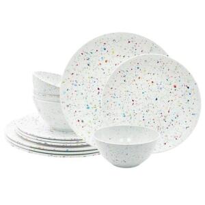 DESCRIPTION: (1) PLATE & BOWL DINNERWARE SET BRAND/MODEL: ZAK DESIGNS/1313-8468 INFORMATION: EGGSHELL WHITE/CONFETTI/12-PIECES RETAIL$: 32.97 SIZE: (4