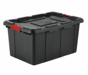 DESCRIPTION: (2) STORAGE TOTE BRAND/MODEL: STERILITE/14669004 INFORMATION: BLACK & RED/VOLUME CAPACITY: 27 GAL RETAIL$: 25.98 EACH SIZE: 30-1/2"L X 20