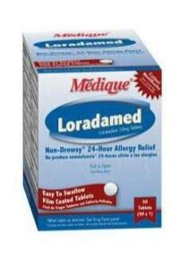 DESCRIPTION: (2) PACKS OF (50) LORADAMED ALLERGY RELIEF BRAND/MODEL: MEDIQUE/20350 INFORMATION: 24-HR RELIEF/LORATADINE RETAIL$: 26.99 PER PK OF 50 SI