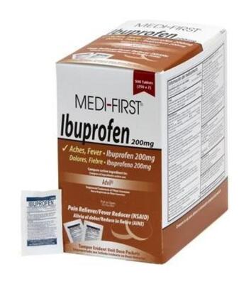 DESCRIPTION: (2) PACKS OF (500) IBUPROFEN BRAND/MODEL: MEDI-FIRST/80813 INFORMATION: PAIN RELIEF/REGULAR STRENGTH RETAIL$: 19.95 SIZE: 200 MG QTY: 2