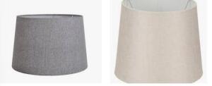 DESCRIPTION: (2) LAMP SHADES BRAND/MODEL: BETTER HOMES AND GARDEN INFORMATION: ONE IS NAVY AND ONE IS BURLAP RETAIL$: $14.00 EA SIZE: BOTH LARGE SIZE