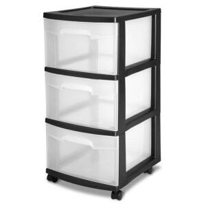 DESCRIPTION: (2) 3 DRAWER CART BRAND/MODEL: STERILITE INFORMATION: CLEAR AND BLACK RETAIL$: $20.00 EA SIZE: 12.50 X 24.00 X 14.50 QTY: 2