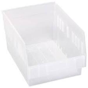 DESCRIPTION: (6) PLASTIC STACKING BINS BRAND/MODEL: QUANTUM #T9F238049CL INFORMATION: CLEAR RETAIL$: $179.00 TOTAL SIZE: 8-1/4X23-7/8X9 QTY: 6