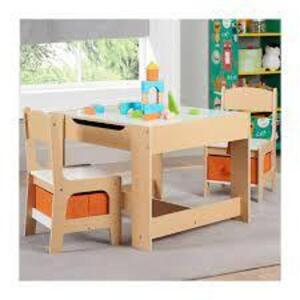 DESCRIPTION: (1) KIDS WOODEN STORAGE TABLE AND CHAIRS SET BRAND/MODEL: SENDA RETAIL$: $100.00 QTY: 1