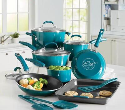 RACHAEL RAY 14-PIECE GRADIENT ALUMINUM COOKWARE WITH PORCELAIN ENAMEL EXTERIOR