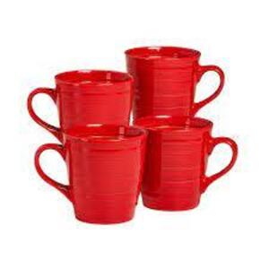 DESCRIPTION: (4) FARMHOUSE MUGS BRAND/MODEL: OVEN AND BACK INFORMATION: RED RETAIL$: $25.00 TOTAL SIZE: 17 OZ QTY: 4