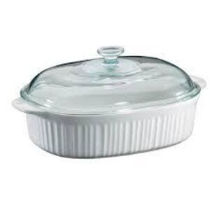 DESCRIPTION: (1) CASSEROLE WITH GLASS LID BRAND/MODEL: CORNINGWARE #9950504 INFORMATION: WHITE RETAIL$: $40.00 SIZE: 1.5 QT QTY: 1