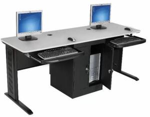 DESCRIPTION: (1) DUAL WORKSTATION DESK BRAND/MODEL: BALT/BLT-90107 INFORMATION: GRAY/LAMINATE/MODESTY PANEL RETAIL$: 549.67 SIZE: 75"L X 29.5"W X 29"H