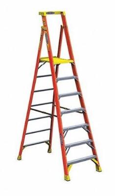 DESCRIPTION: (1) FIBERGLASS PLATFORM LADDER BRAND/MODEL: WERNER/PD6207 INFORMATION: ORANGE/LOAD CAPACITY: 300 LBS RETAIL$: 389.02 SIZE: 10'H X 16"W X