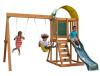 DESCRIPTION: (1) AINSLEY WOODEN OUTDOOR SWING BRAND/MODEL: KIDKRAFT/B24145 INFORMATION: NATURAL/ROCK WALL/2-SWINGS RETAIL$: 389.00 SIZE: 123"L X 108"W