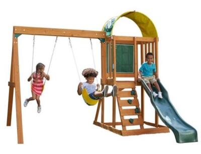 DESCRIPTION: (1) AINSLEY WOODEN OUTDOOR SWING BRAND/MODEL: KIDKRAFT/B24145 INFORMATION: NATURAL/ROCK WALL/2-SWINGS RETAIL$: 389.00 SIZE: 123"L X 108"W