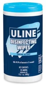 DESCRIPTION: (6) DISINFECTING WIPES BRAND/MODEL: ULINE/S19459FRESH INFORMATION: 75-COUNTS/FRESH SCENT RETAIL$: 30.00 PER LOT SIZE: 7" X 8" QTY: 6