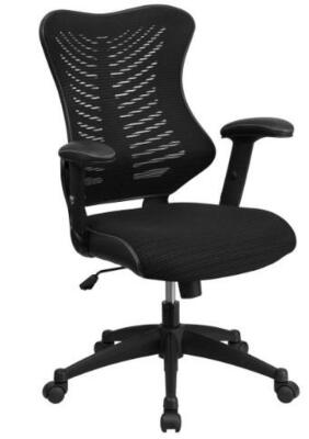 DESCRIPTION: (1) EXECUTIVE OFFICE CHAIR BRAND/MODEL: FLASH FURNITURE/BL-ZP-806-BK-GG INFORMATION: BLACK-MESH/ADJUSTABLE ARMS/BREATHABLE RETAIL$: 179.7