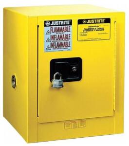 DESCRIPTION: (1) FLAMMABLE CABINET BRAND/MODEL: JUSTRITE/8904205 INFORMATION: YELLOW/STORAGE CAPACITY: 4 GAL/SELF-CLOSING RETAIL$: 794.89 SIZE: 17"D X