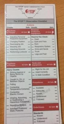 DESCRIPTION: (1) PACK OF (50) OBSERVATION CHECKLIST BRAND/MODEL: DUPONT/STOP00-OCL-ENG-0002 INFORMATION: ENGLISH VERSION RETAIL$: 39.00 PER PK OF 50 Q